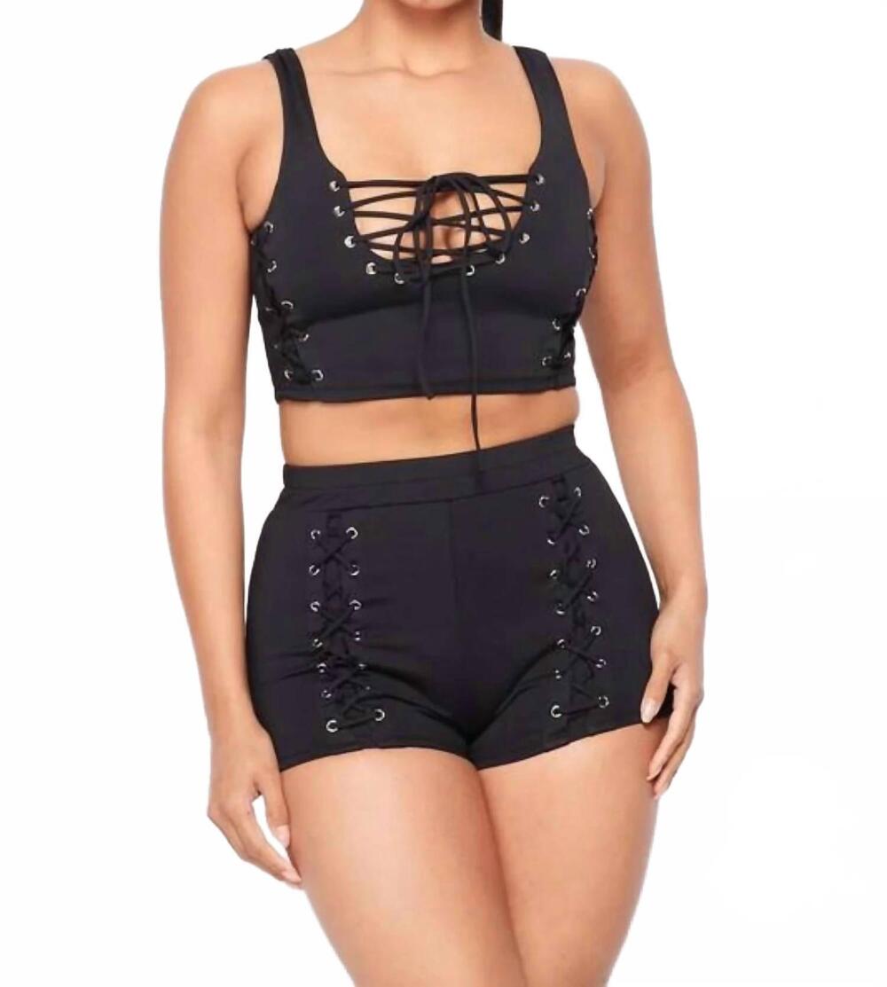 NEW HOT & DELICIOUS bucket list matching eyelet short set in black